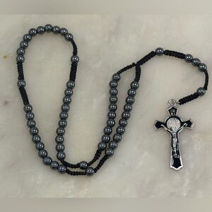 Small (Kids Size or Car Hanging) Black and Silver Rosary Necklace